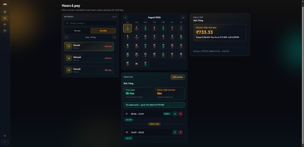 Haazri Hours & pay with monthly calendar, daily payout, and minute-by-minute punch sessions